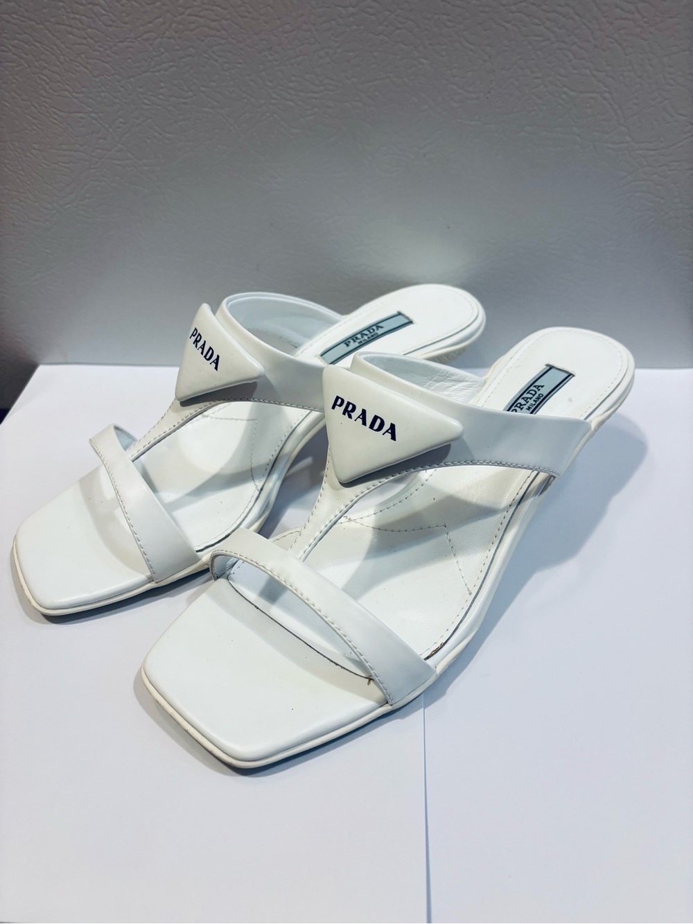 Prada White Leather Heeled Slide Mules with Logo Triangle